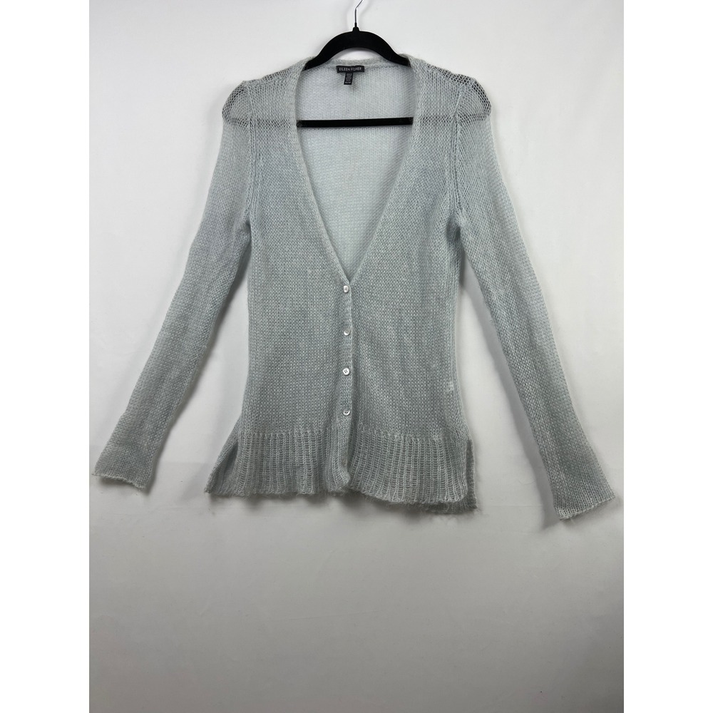 Eileen Fisher Cardigan Women XS Blue Mohair Blend Open Knit V-Neck Button Front